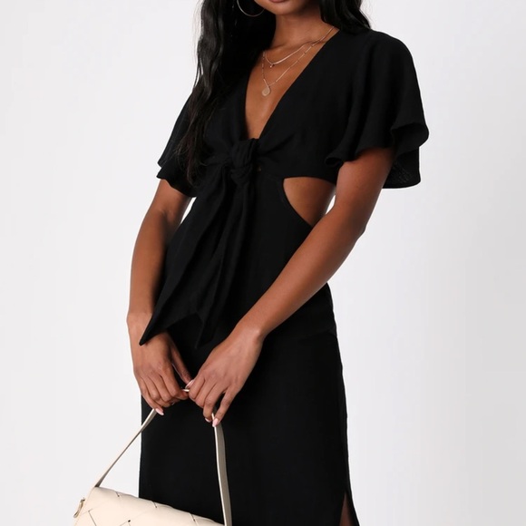 Lulus Summer Journey Black Side Cutout Plunging Tie Front Midi Dress - Picture 1 of 13